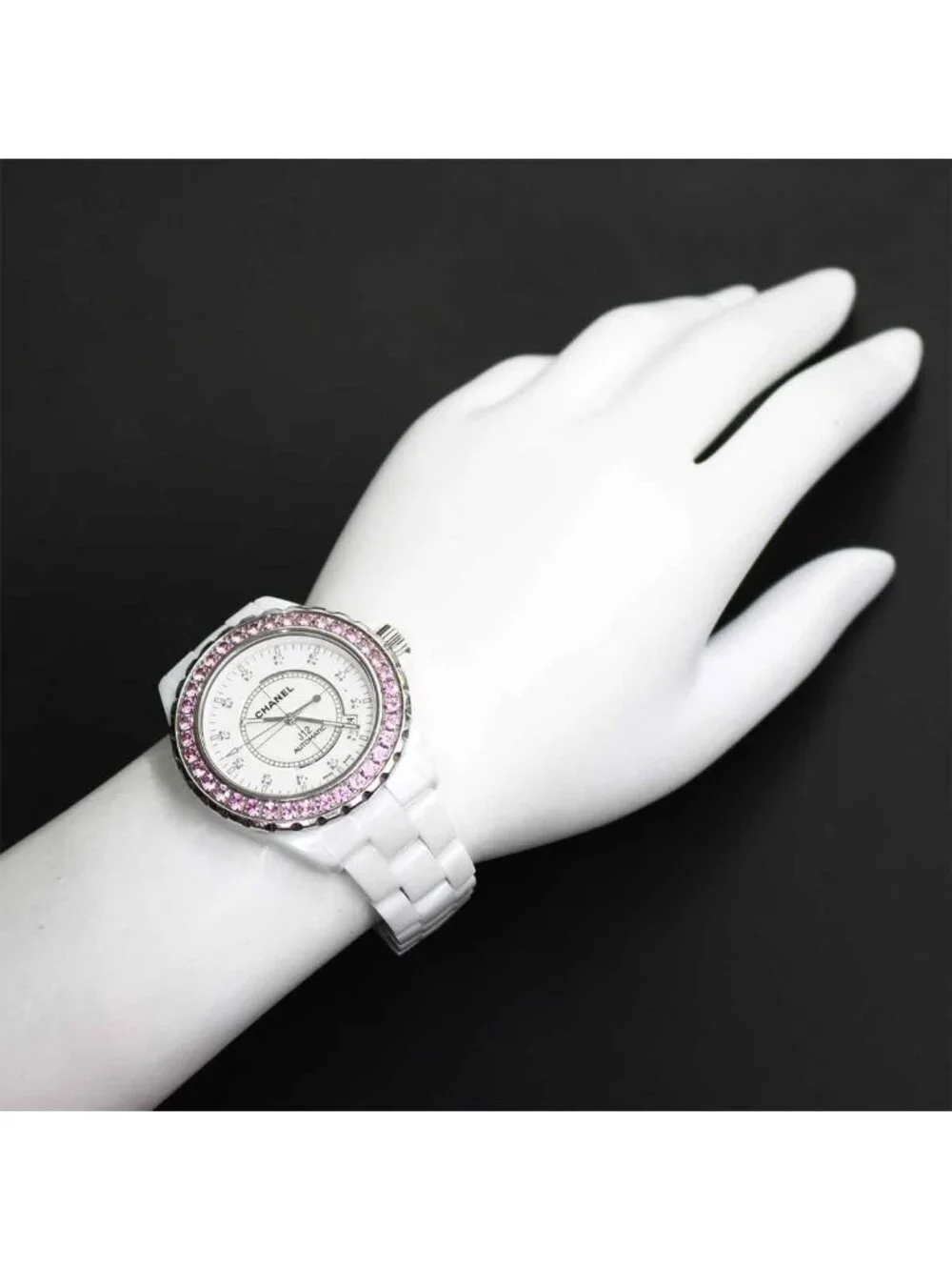 Chanel 42 Watch Date Diamond Pink Saffiano Bezel White Ceramic Automatic Winding
